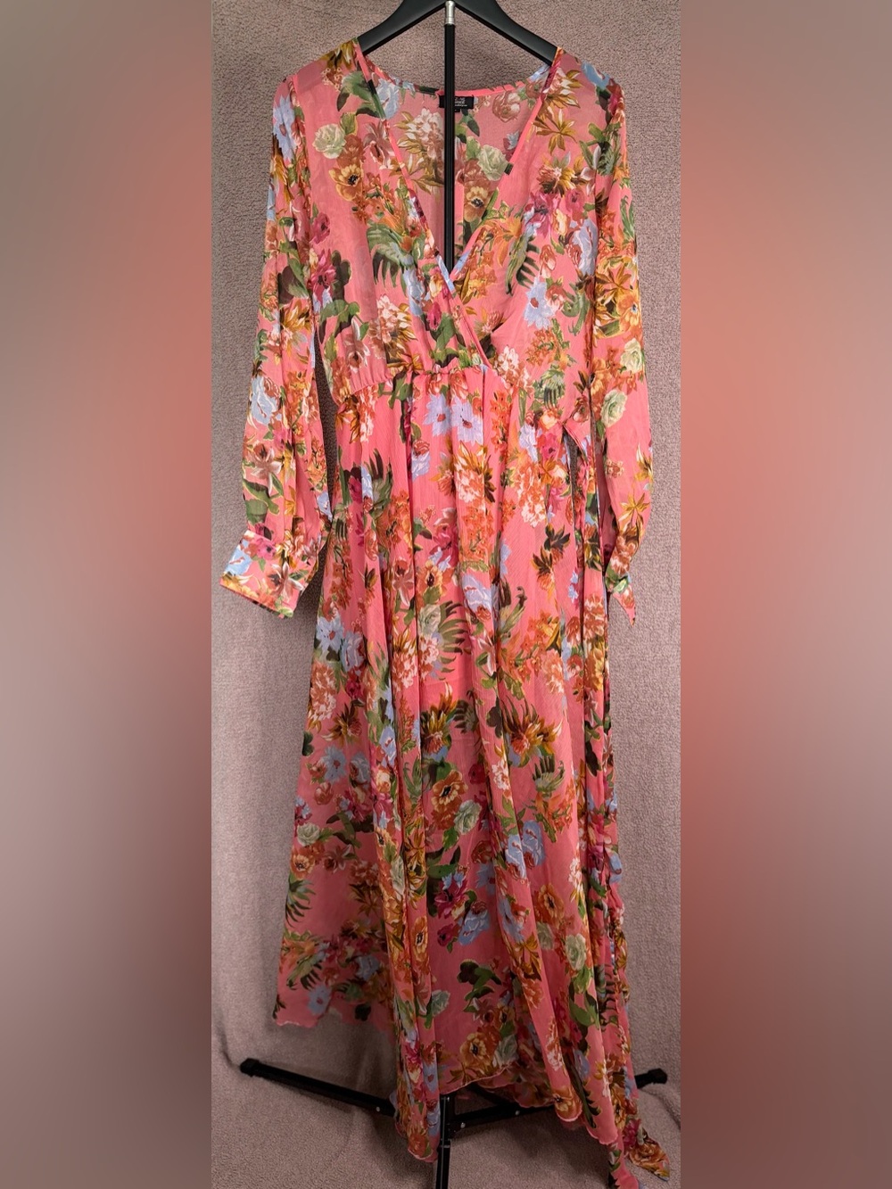 Spy Zone Exchange Small Pink Floral Maxi Dress Wrap Boho Long Sleeve